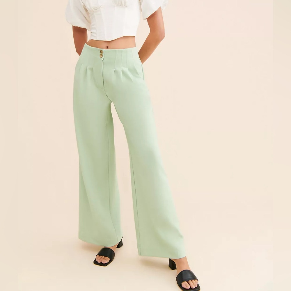 Maeve By Anthropologie Women’s Pleated Front Wide Leg Trousers Green Sz 0